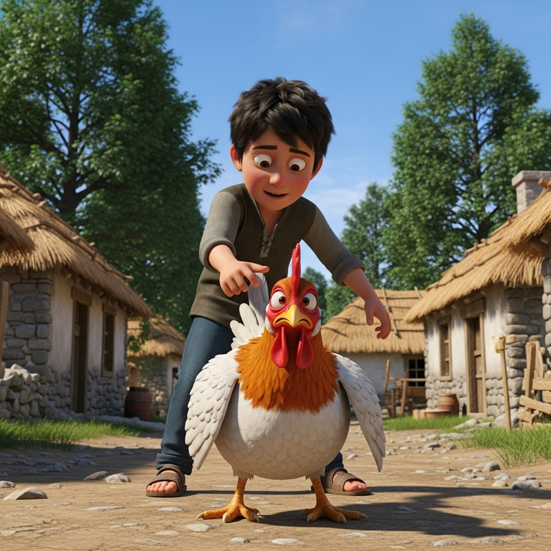 Concerned Chicken: Boy Teasing Fowl in Countryside Setting Concerned Chicken: Boy Teasing Fowl in Countryside Setting