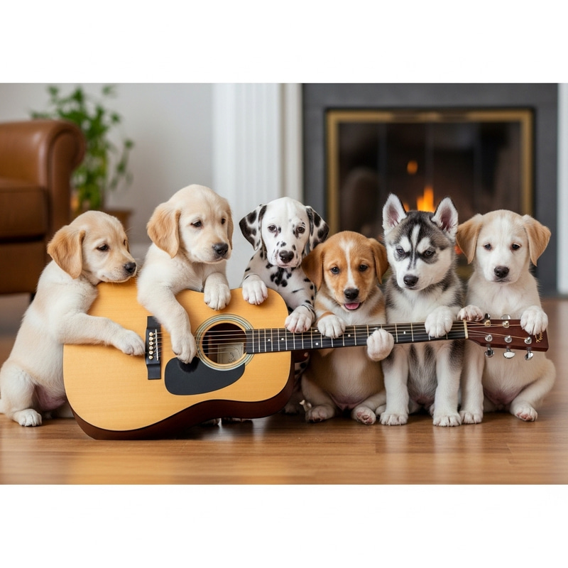 Cute Puppies Playing Guitar - Musical Delights with Adorable Breeds