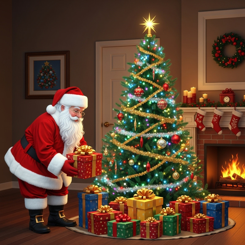 Festive Christmas Scene with Santa Claus, Tree, and Gifts Festive Christmas Scene with Santa Claus, Tree, and Gifts