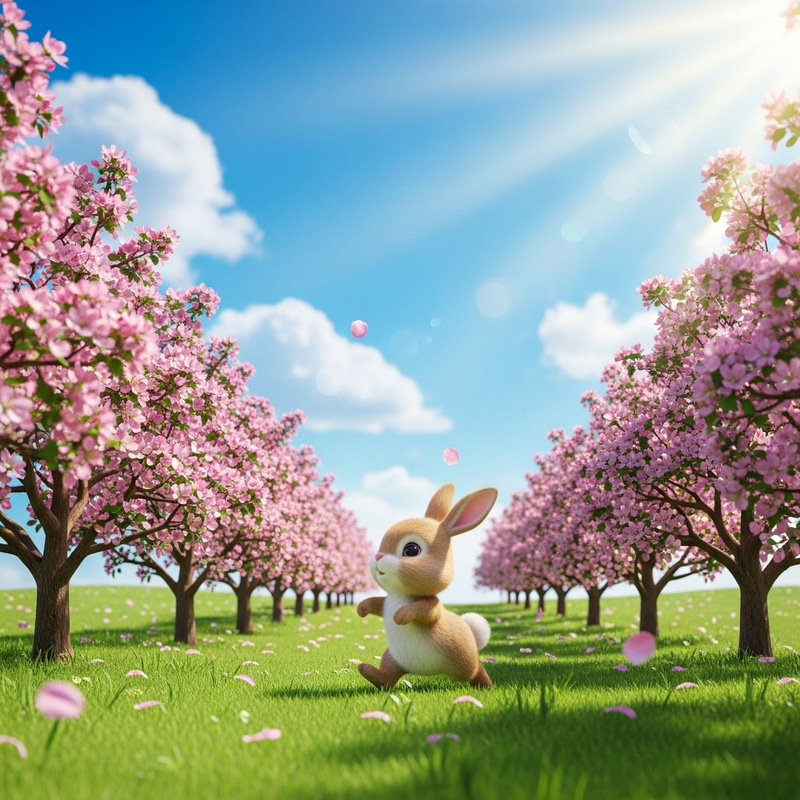 Small Cartoon Rabbit in Apple Blossom Orchard - Cheerful Spring Scene Small Cartoon Rabbit in Apple Blossom Orchard - Cheerful Spring Scene