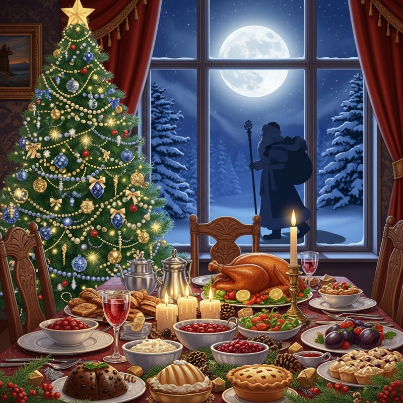 Blue and White Ornaments on Christmas Tree, Festive Table, Moonlit Window with Father Frost Shadow
