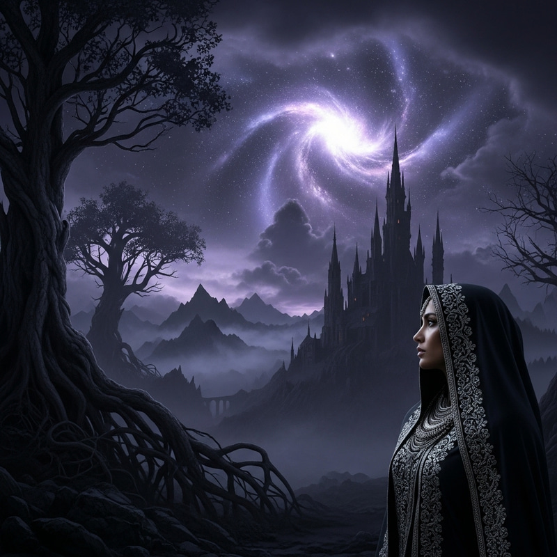 Ethereal Dark Fantasy Landscape with Gothic Castle - Enigmatic Sorceress