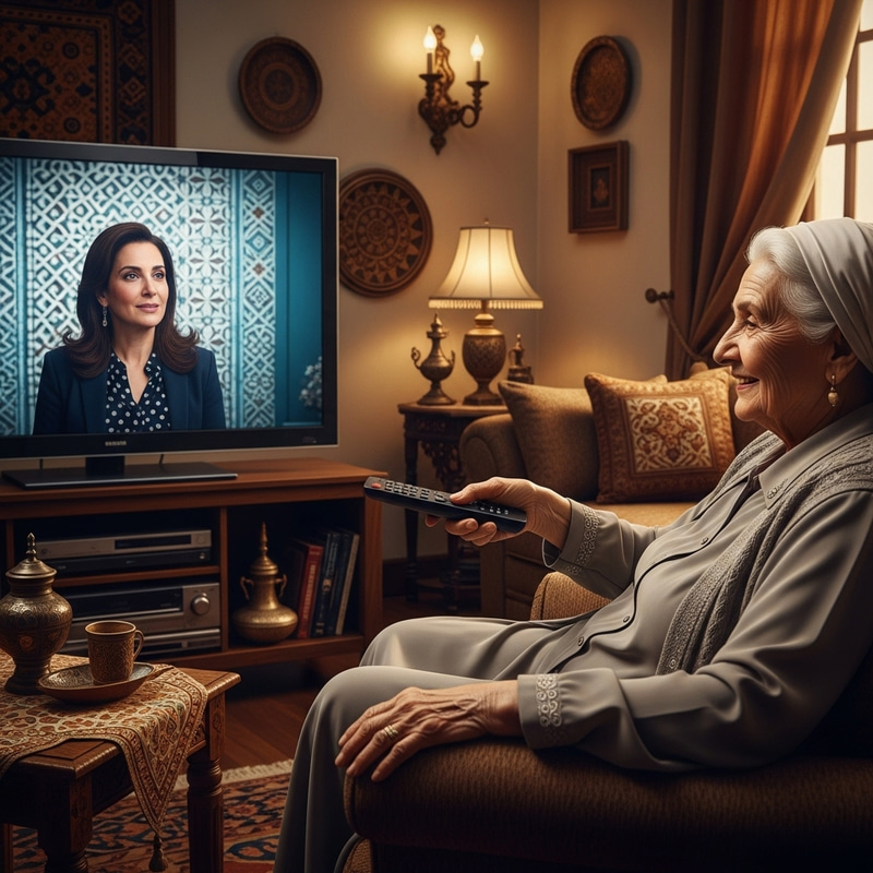 Middle-Eastern Grandmother Watching TV in Cozy Living Room Middle-Eastern Grandmother Watching TV in Cozy Living Room
