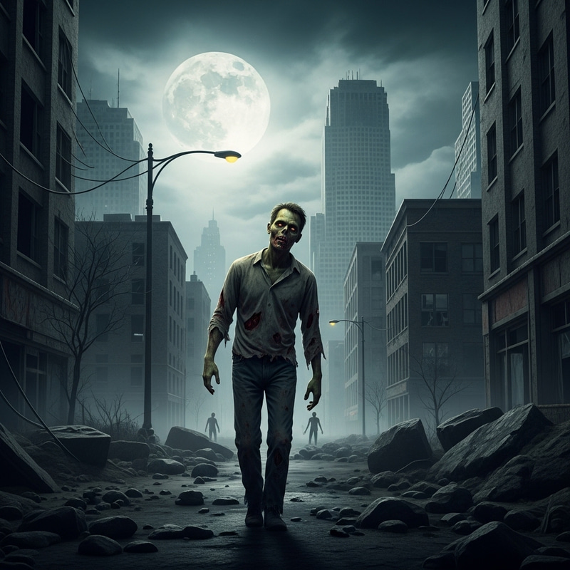 Eerie Post-Apocalyptic Scene with a Staggering Zombie