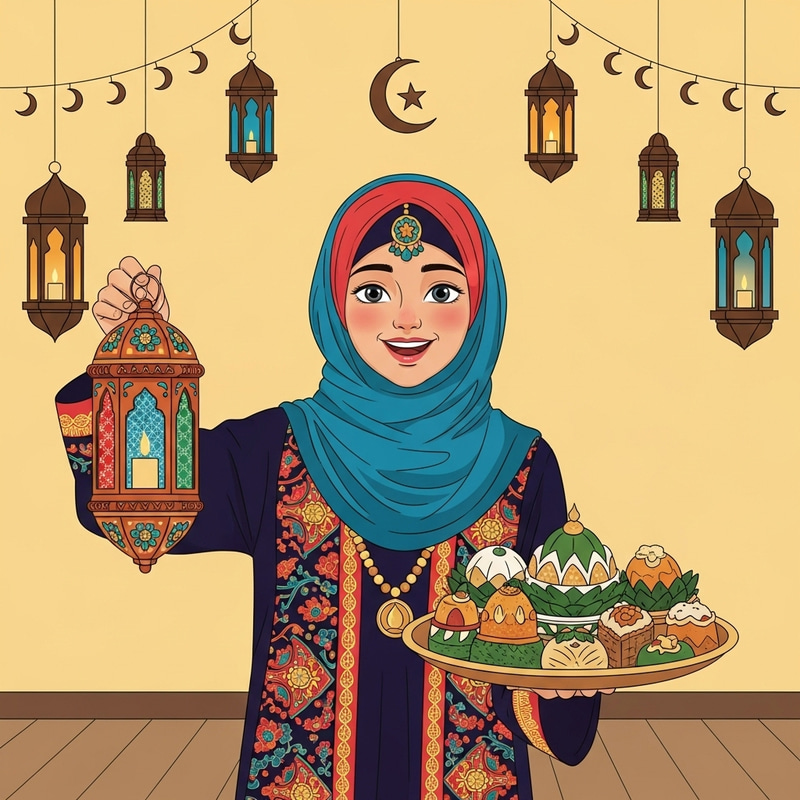 Joyful Eid Celebration: Smiling Muslim Girl in Vibrant Hijab with Lantern and Sweets Joyful Eid Celebration: Smiling Muslim Girl in Vibrant Hijab with Lantern and Sweets