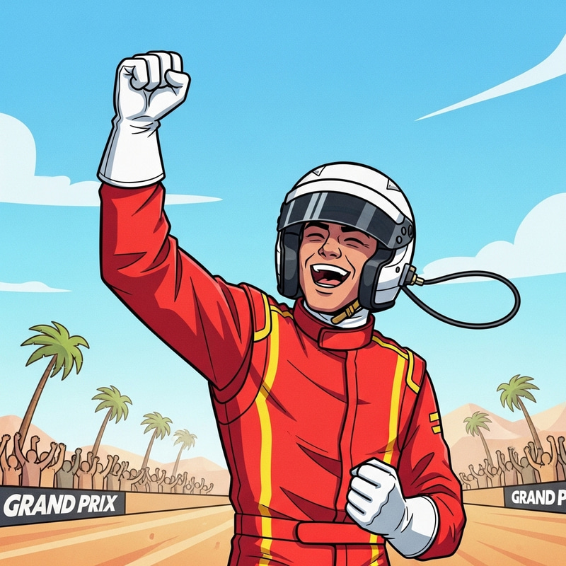 Cartoon Art of Race Car Driver Winning Desert Grand Prix