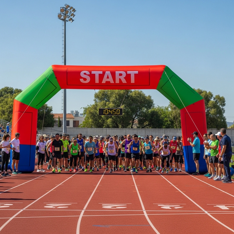 Energetic Runners at Starting Line with Inflatable Arch Energetic Runners at Starting Line with Inflatable Arch