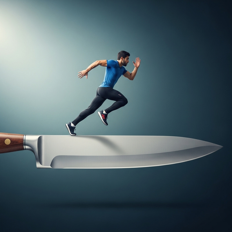 Hispanic Male Athlete Sprinting on Giant Knife - Striking Image Hispanic Male Athlete Sprinting on Giant Knife - Striking Image