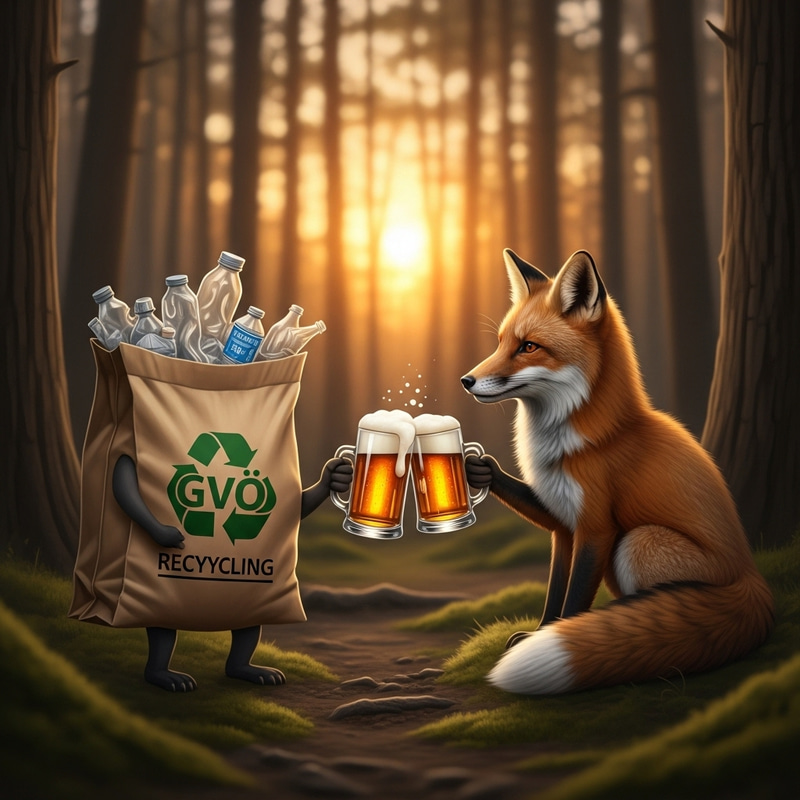GVÖ Recycling Bag and Fox Enjoying Beer Together GVÖ Recycling Bag and Fox Enjoying Beer Together