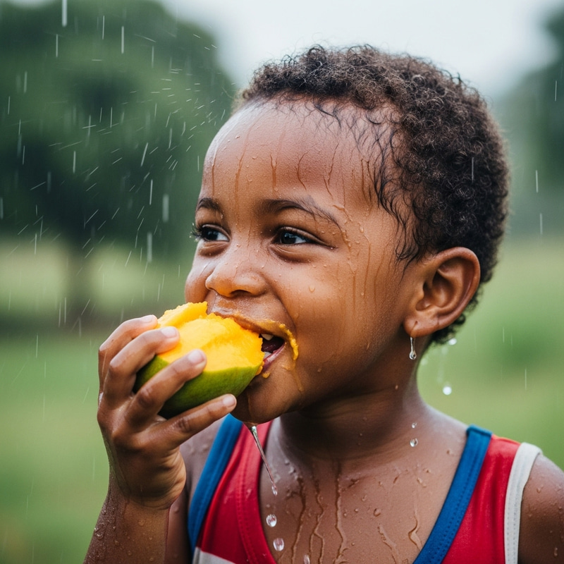 Happy African Child Eating Mango in the Rain