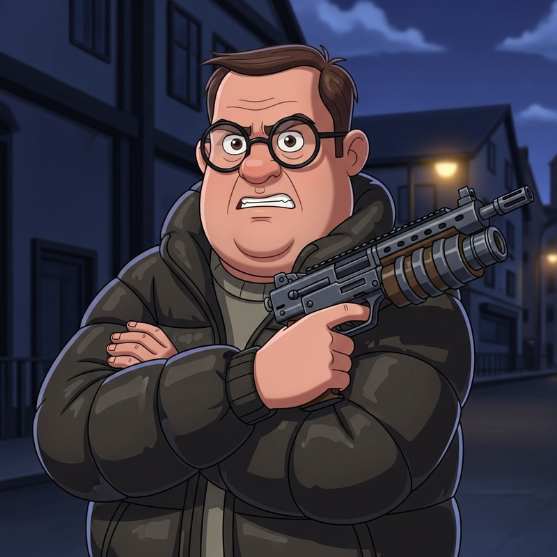 Angry Middle-Aged Man in Padded Jacket Holding Modified Weapon at Night Angry Middle-Aged Man in Padded Jacket Holding Modified Weapon at Night