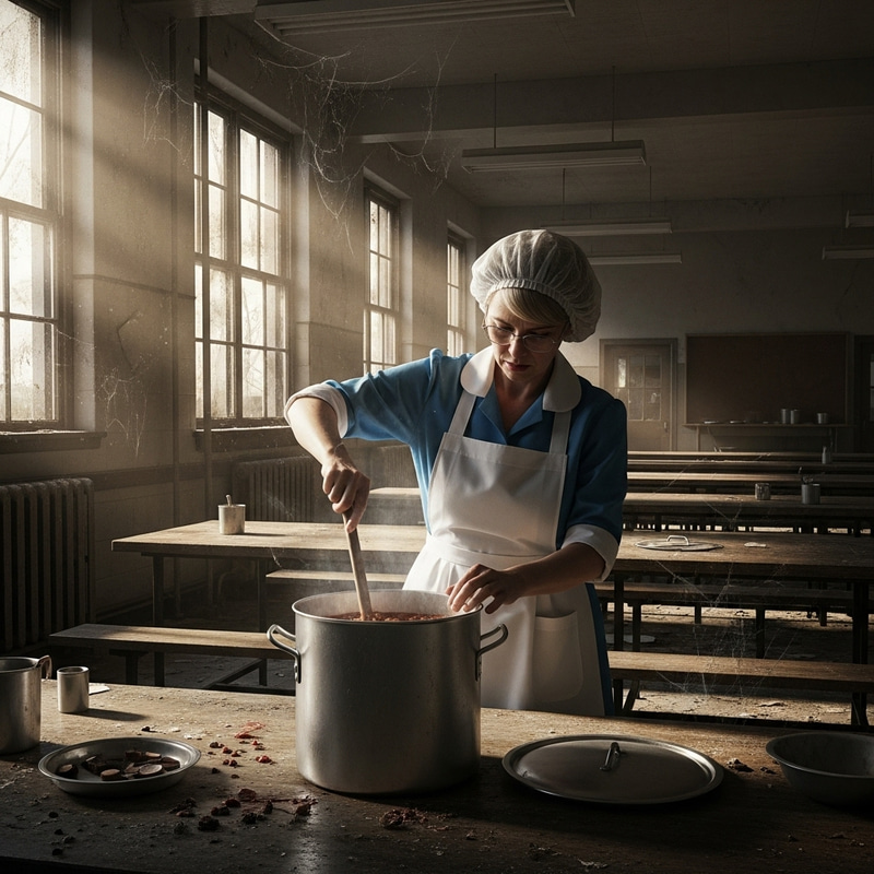 Inside Abandoned School Lunchroom: Ghostly Lunch Lady Stirring Mysterious Stew Inside Abandoned School Lunchroom: Ghostly Lunch Lady Stirring Mysterious Stew