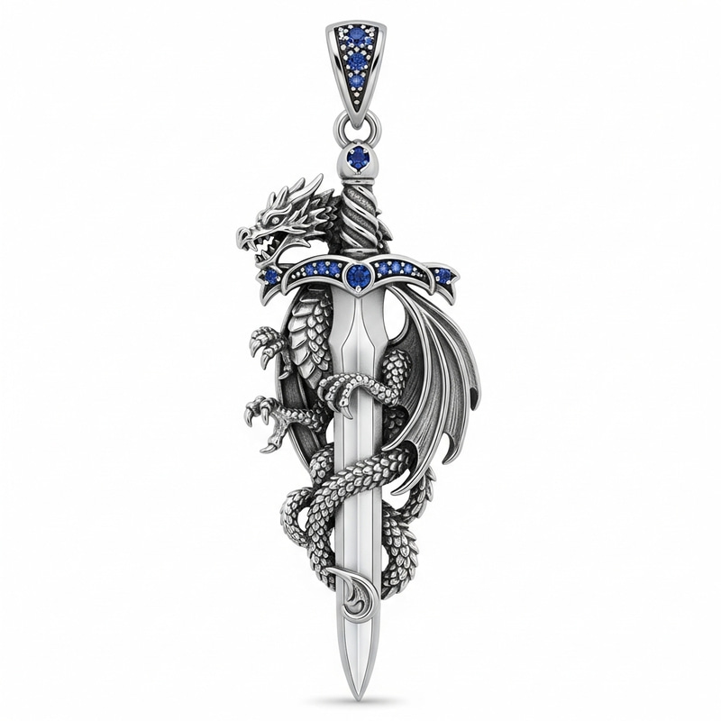 Dragon Pendant Silver Sword Glass Blade Medieval Art Dragon Pendant Silver Sword Glass Blade Medieval Art