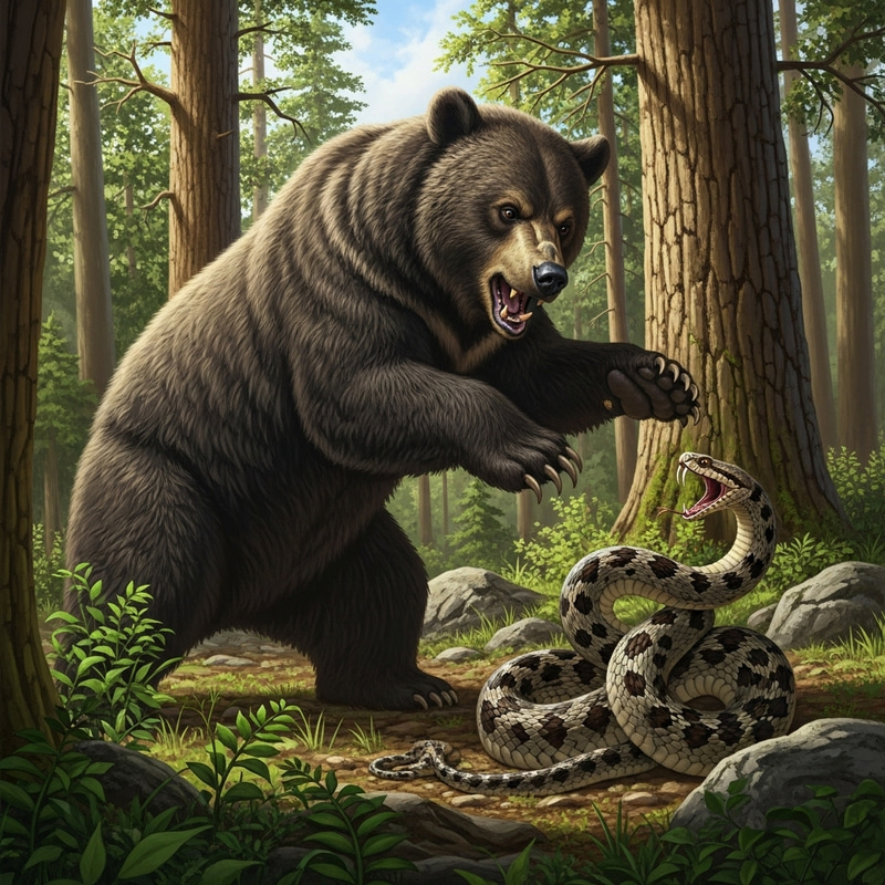 Wild Bear Confronts Snake in Fierce Encounter Wild Bear Confronts Snake in Fierce Encounter