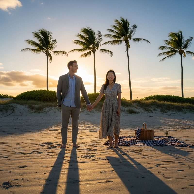Romantic Sunset Beach Picnic Date - Happy Couple Romantic Sunset Beach Picnic Date - Happy Couple