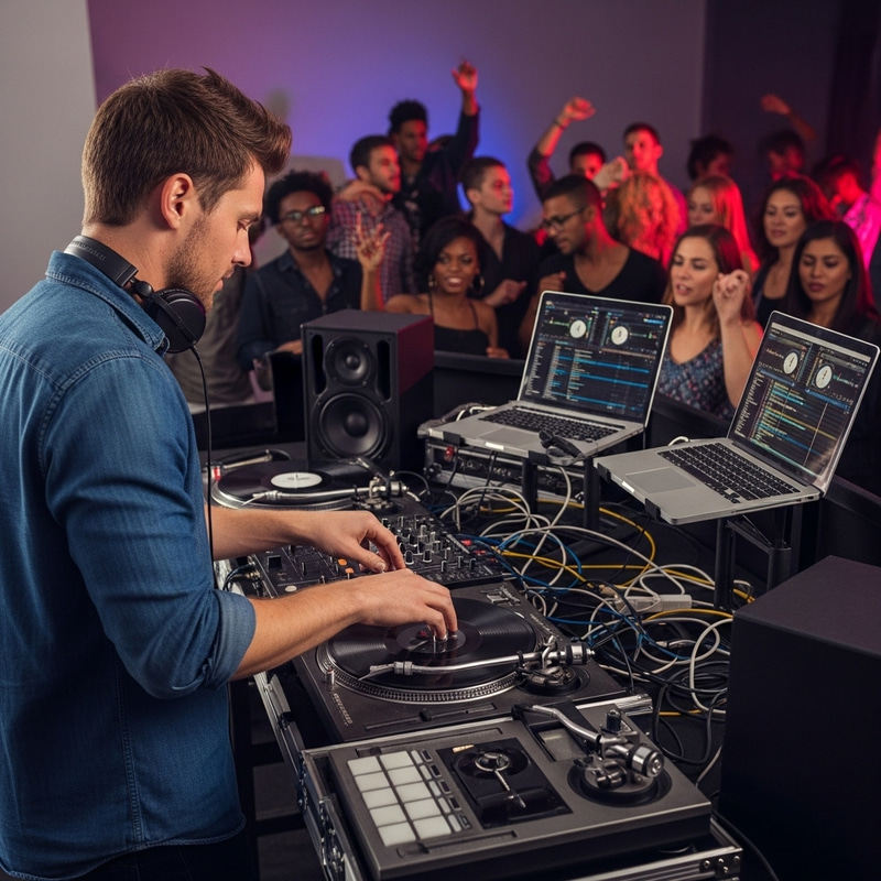 Vibrant DJ Performance with Diverse Crowd and Colorful Atmosphere Vibrant DJ Performance with Diverse Crowd and Colorful Atmosphere