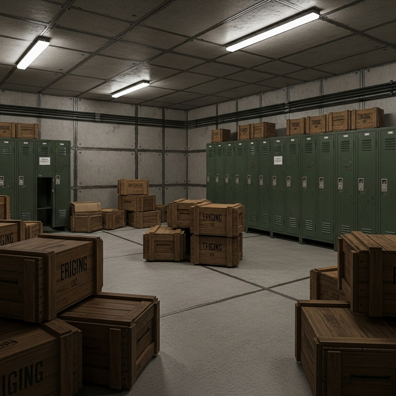 Orderly Bunker Room with Wooden Crates and Lockers Orderly Bunker Room with Wooden Crates and Lockers