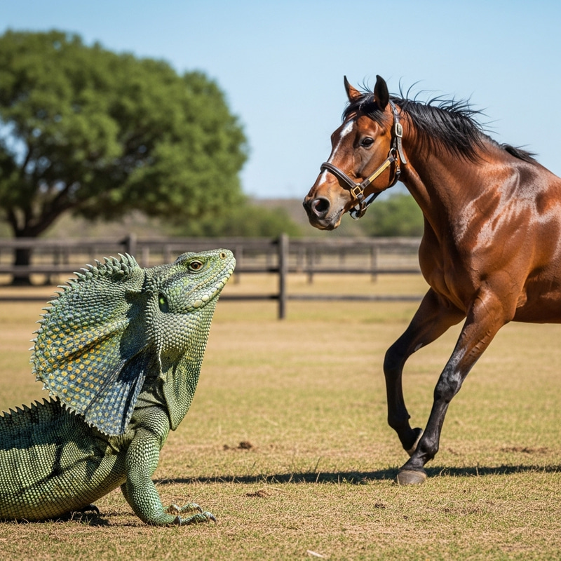 Lizard Startles Horse: Captivating Wildlife Moment Lizard Startles Horse: Captivating Wildlife Moment