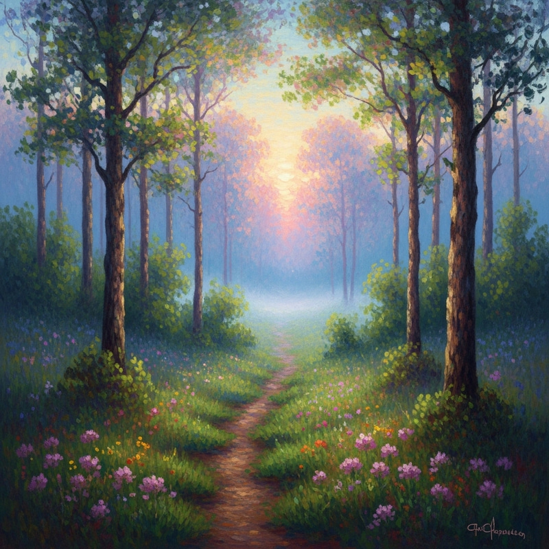 Enchanted Mystical Forest at Dawn: Vibrant Impressionistic Beauty Enchanted Mystical Forest at Dawn: Vibrant Impressionistic Beauty
