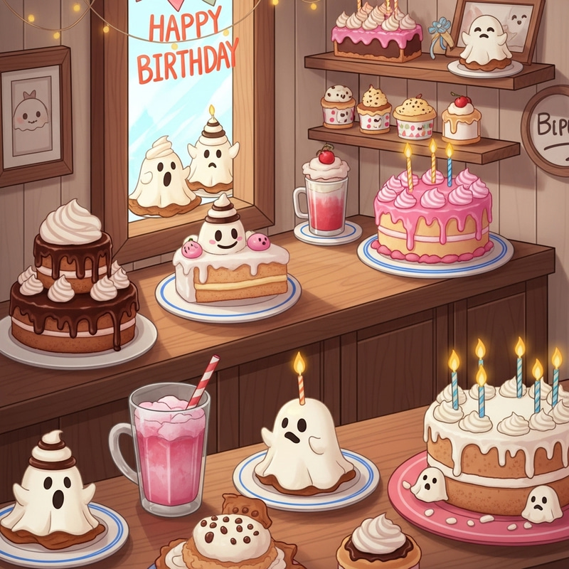 Delightful Ghost Pastries and Cakes for Birthday Cafe in 2D Cartoon Delightful Ghost Pastries and Cakes for Birthday Cafe in 2D Cartoon
