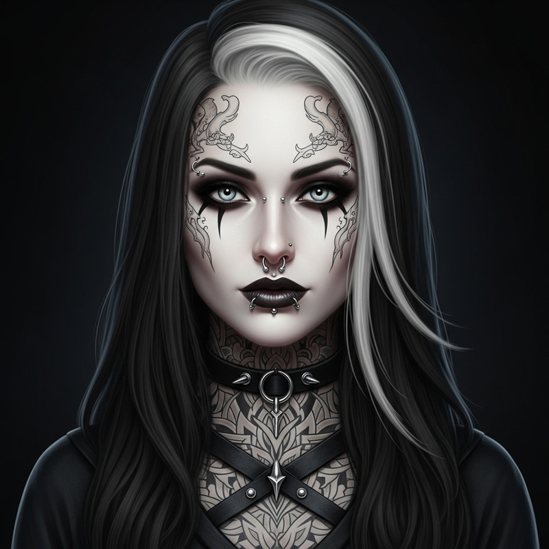 Coldly Beautiful Pale Skinned Goth Female with Long Dark Hair, White Streak, Piercing Eyes, Makeup, Piercings, Tattoos & Confidence