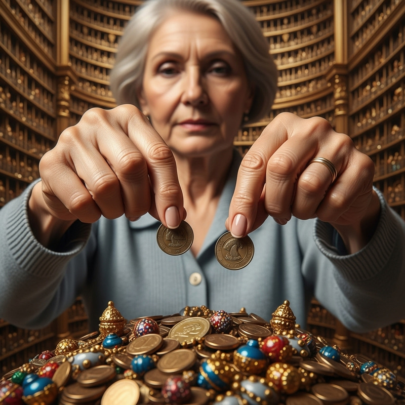 Elderly Woman's Weathered Hands Drop Coins in Opulent Treasury