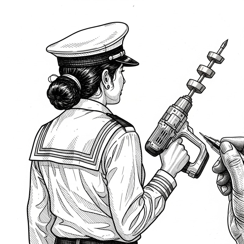 Intricate Black and White Sailor Pilot Contour Drawing - Vintage Engraving Style Intricate Black and White Sailor Pilot Contour Drawing - Vintage Engraving Style