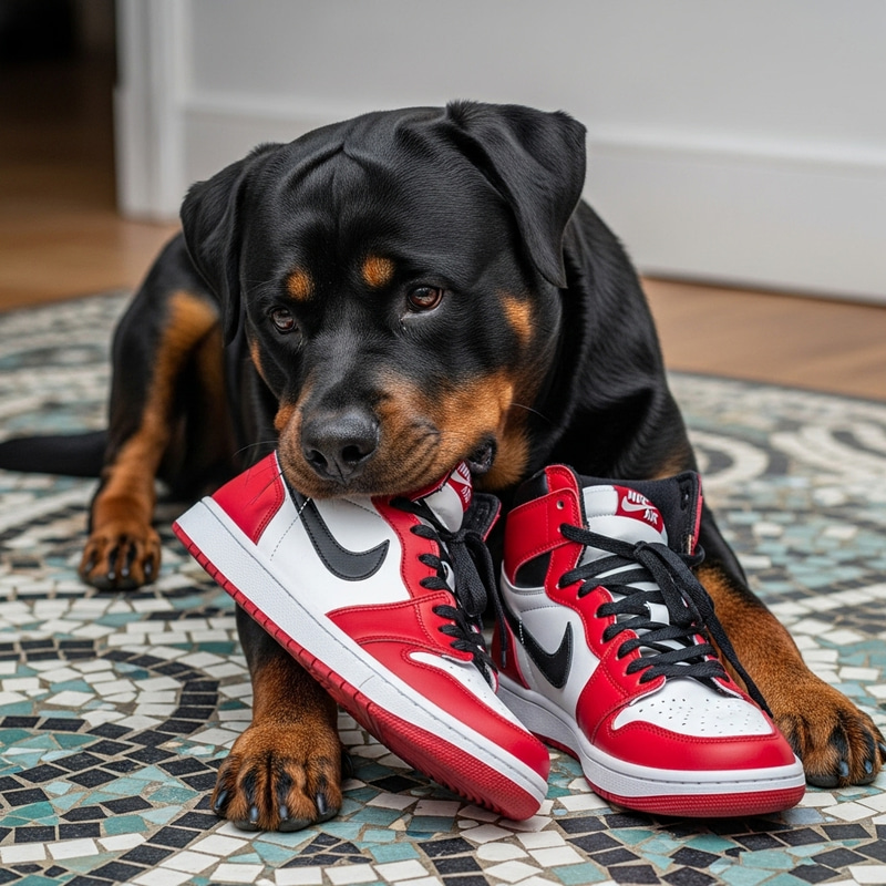 Adorable Rottweiler Dog Chewing on Stylish Jordan Sneakers Adorable Rottweiler Dog Chewing on Stylish Jordan Sneakers
