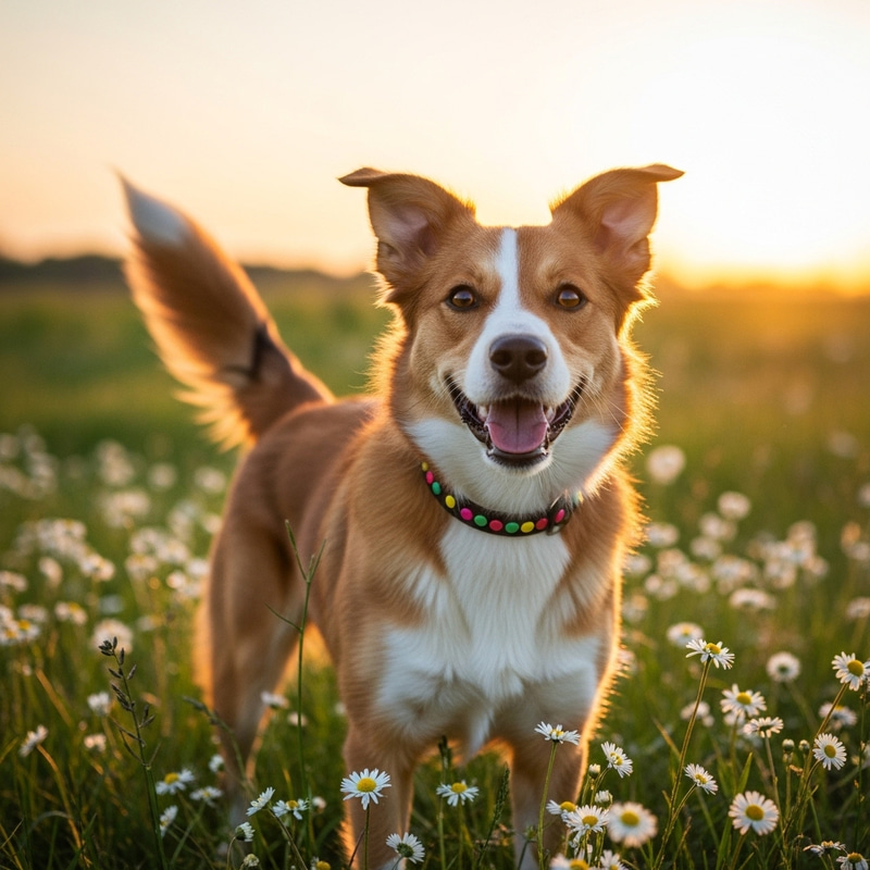 Smiling Dog in Field of Daisies