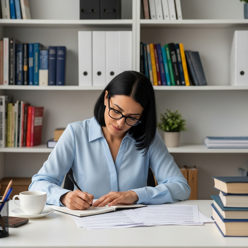 Hispanic Female Psychologist with Black Hair at Desk Hispanic Female Psychologist with Black Hair at Desk