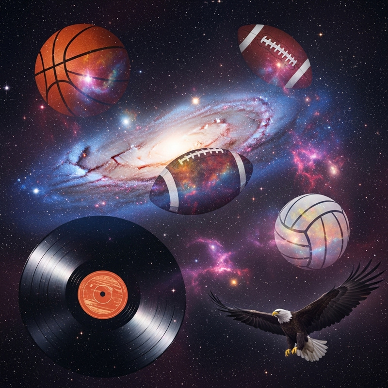 Celestial Galaxy Art with Basketball, Football, Volleyball, and Eagle
