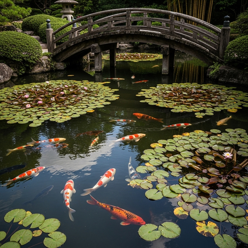 Koi Fish in Pond with Lily Pads and Wooden Bridge Koi Fish in Pond with Lily Pads and Wooden Bridge