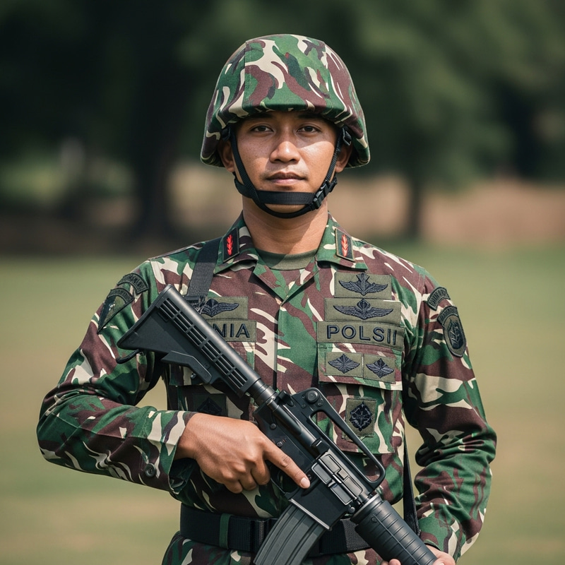 Indonesian Soldier in Full Military Uniform with Weapon