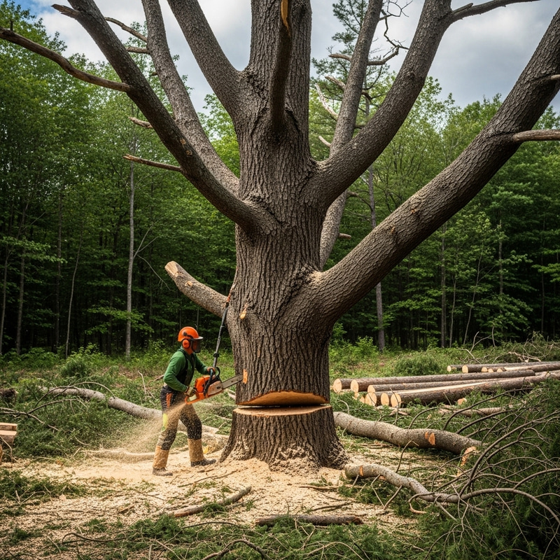 Preparing Large Forest Tree for Wood Board Production; Worker Trimming Branches Preparing Large Forest Tree for Wood Board Production; Worker Trimming Branches