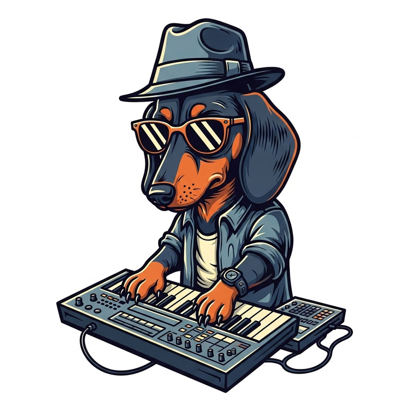 Dachshund Musician - Cartoon Keyboard Rockstar Illustration Dachshund Musician - Cartoon Keyboard Rockstar Illustration