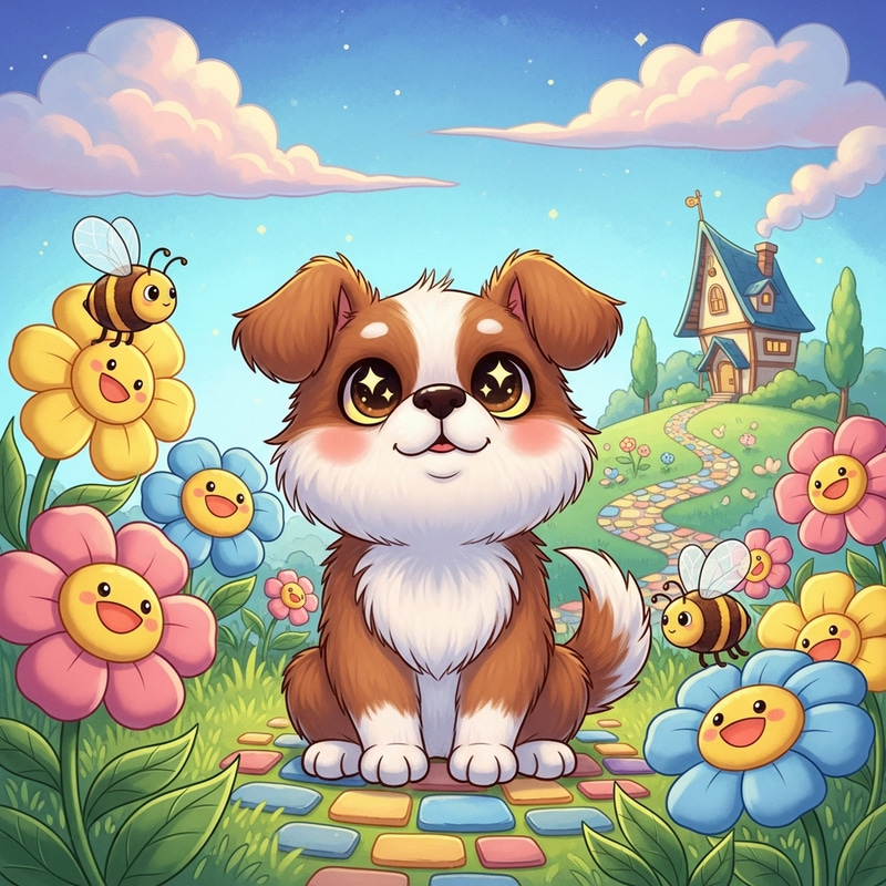 Adorable Dog in Whimsical Children's Book Scene Adorable Dog in Whimsical Children's Book Scene