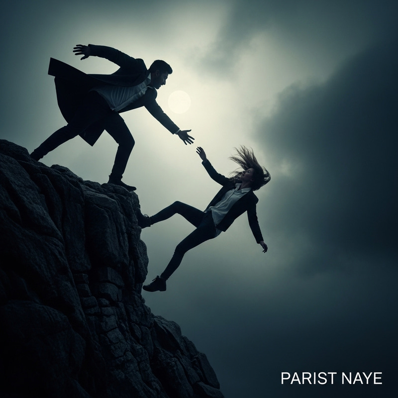 Dramatic Silhouette of Hero Saving Woman from Cliff Dramatic Silhouette of Hero Saving Woman from Cliff