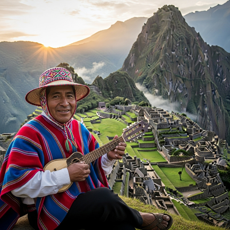 Peruvian Man in Traditional Quechua Clothing with Charango | Machu Picchu Sunrise