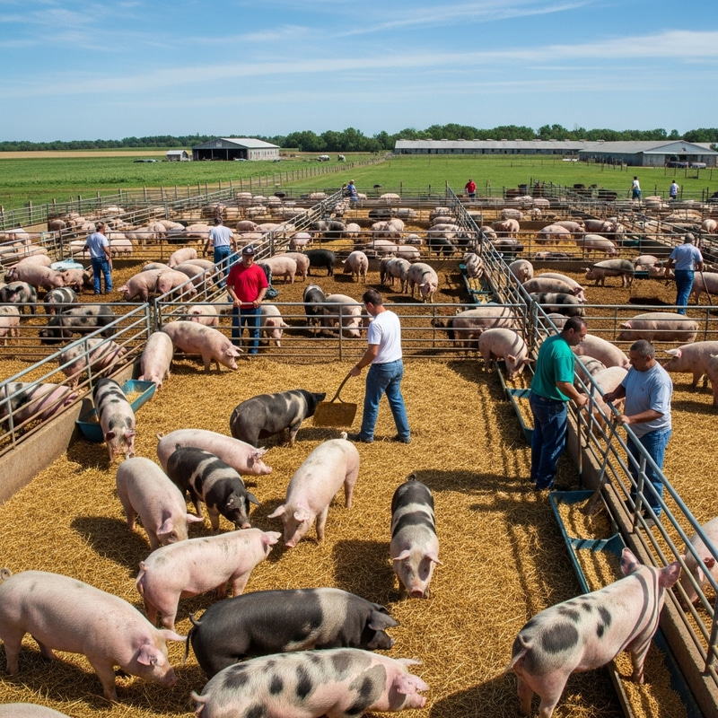 Expansive Pig Farm: Colorful Pigs & Farm Workers Expansive Pig Farm: Colorful Pigs & Farm Workers