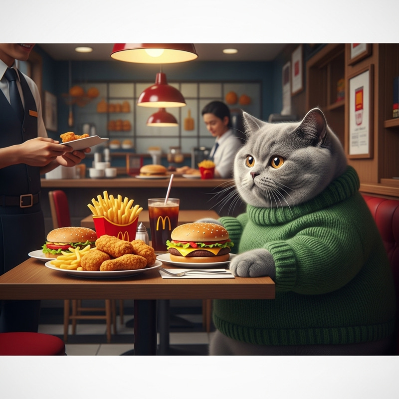 Realistic Scene of Grey British Kitten in Green Sweater at Fast-Food Restaurant Realistic Scene of Grey British Kitten in Green Sweater at Fast-Food Restaurant