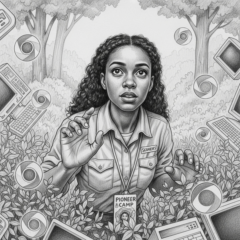 Pioneer Counselor Searching Among Bushes | Nostalgic Adventure Sketch Pioneer Counselor Searching Among Bushes | Nostalgic Adventure Sketch