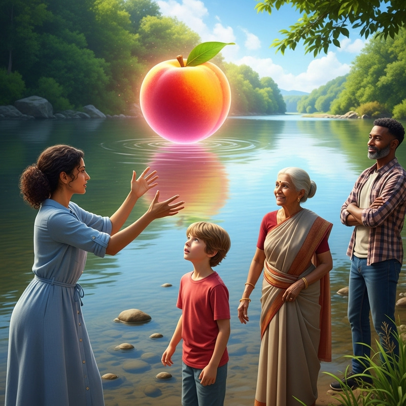 Captivating scene of a giant peach drifting down the river Captivating scene of a giant peach drifting down the river