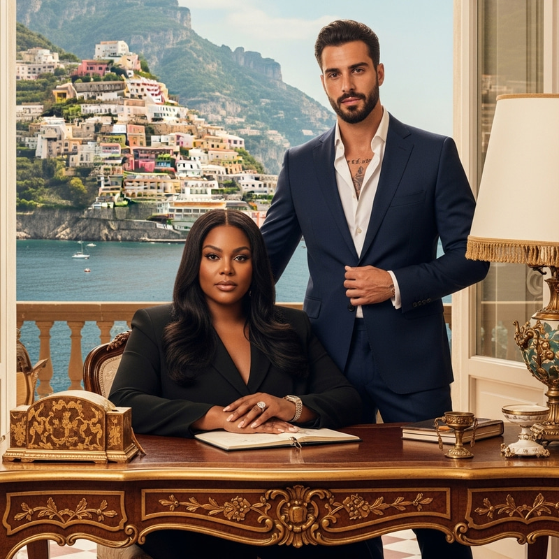Empowered Plus-Size African American Woman and Italian Husband in Opulent Amalfi Coast Setting