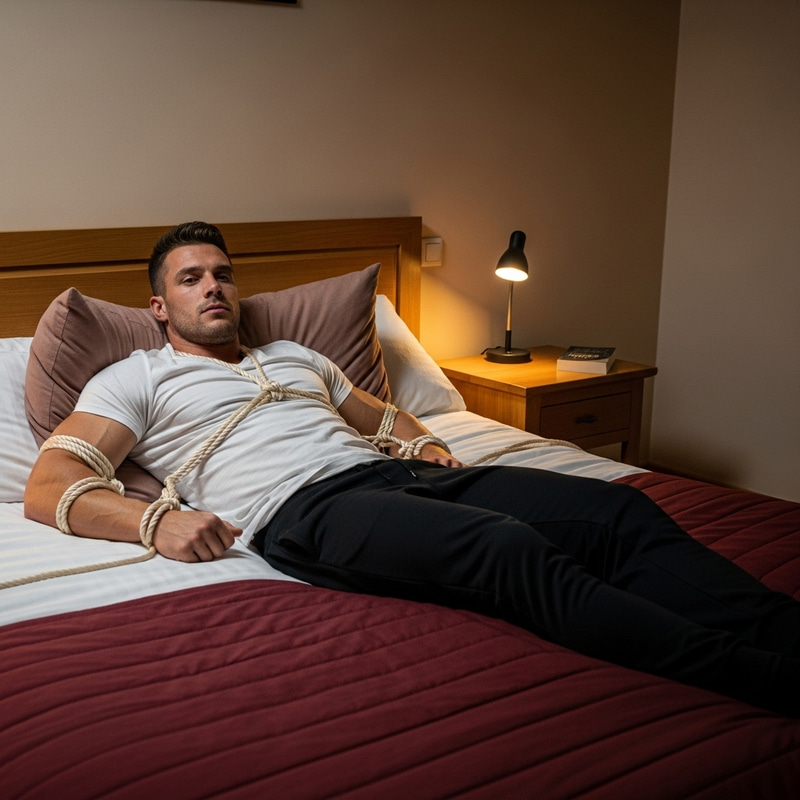 Strong Man Lying on Bed | Softly Restrained | Neutral Expression