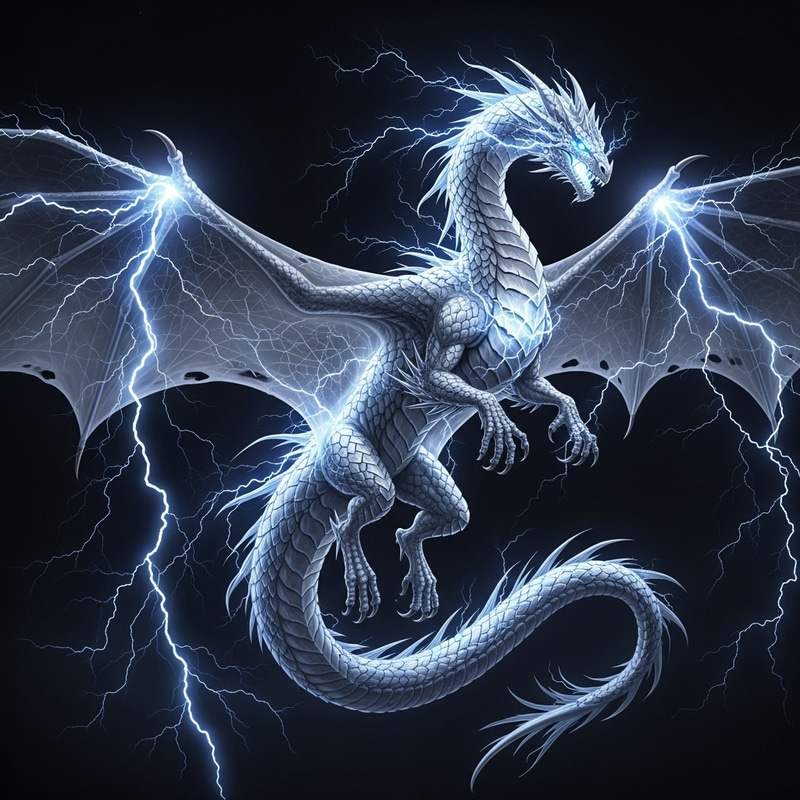 Majestic White Dragon Soaring Through Dark Skies Majestic White Dragon Soaring Through Dark Skies