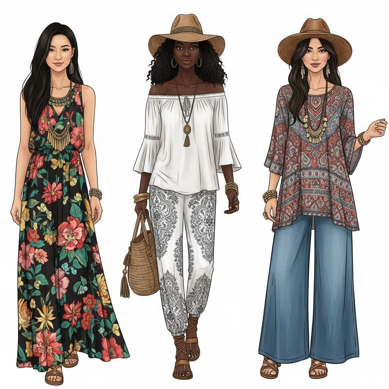 Boho Chic Women in Diverse Casual Outfits | Outdoor Fashion Illustration