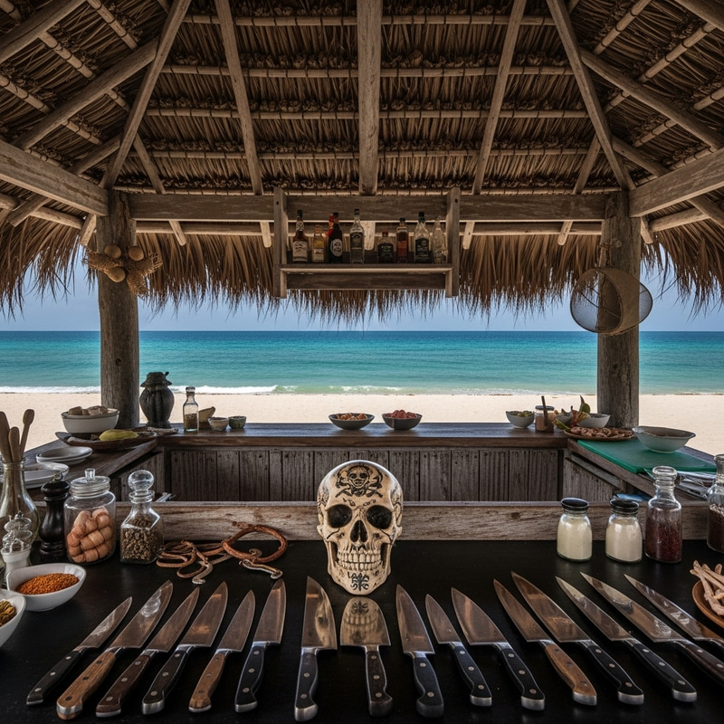 Captivating Pirate Skull Art & Chef's Knives in Exotic Beachfront Hut Captivating Pirate Skull Art & Chef's Knives in Exotic Beachfront Hut