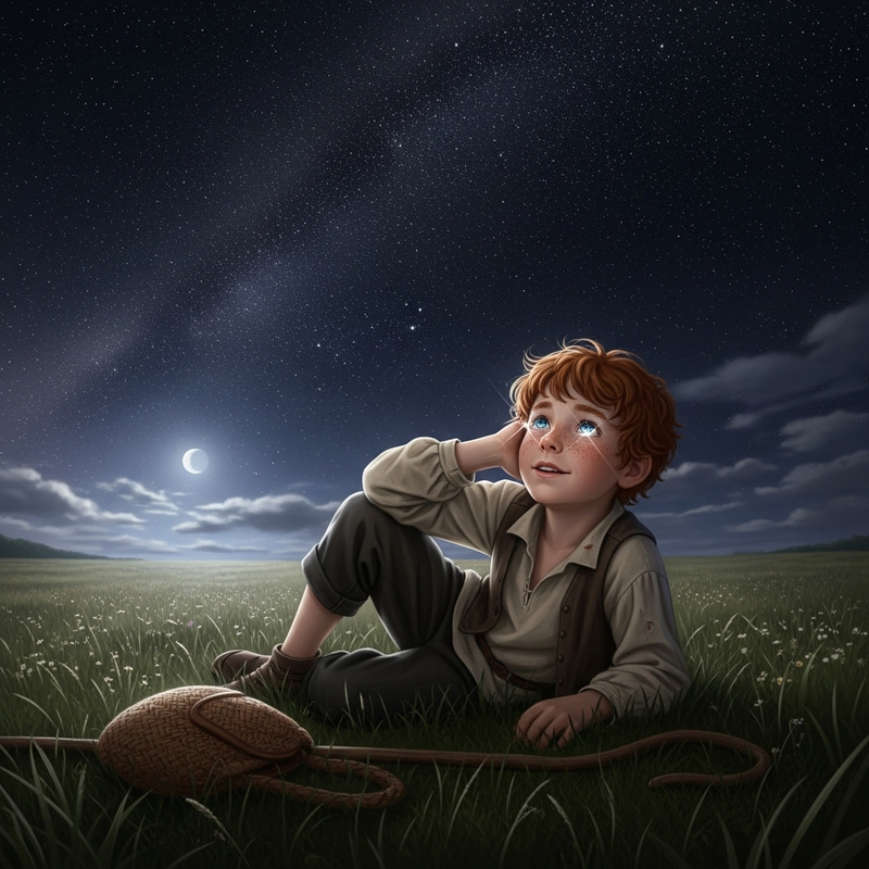Young Red-Haired Shepherd Boy in Awe Under Starry Night