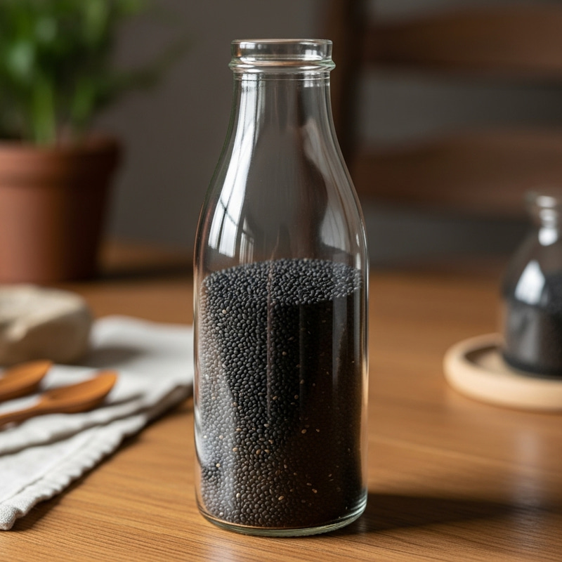 Black Seeds in Glass Bottle on Table