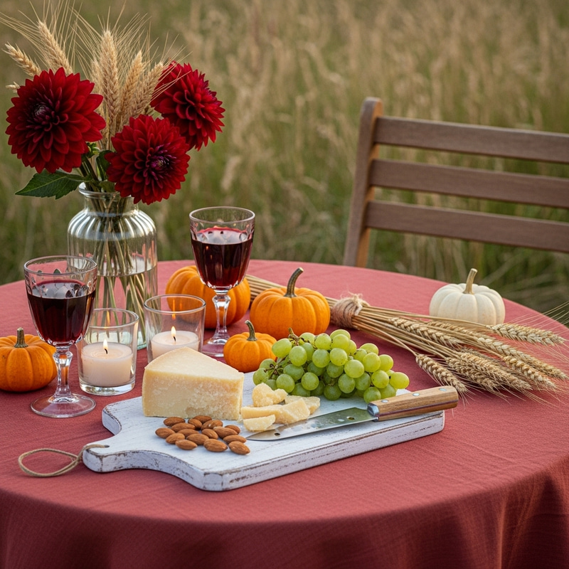 Rustic Harvest Table Setting with Parmesan, Almonds and Red Wine Rustic Harvest Table Setting with Parmesan, Almonds and Red Wine